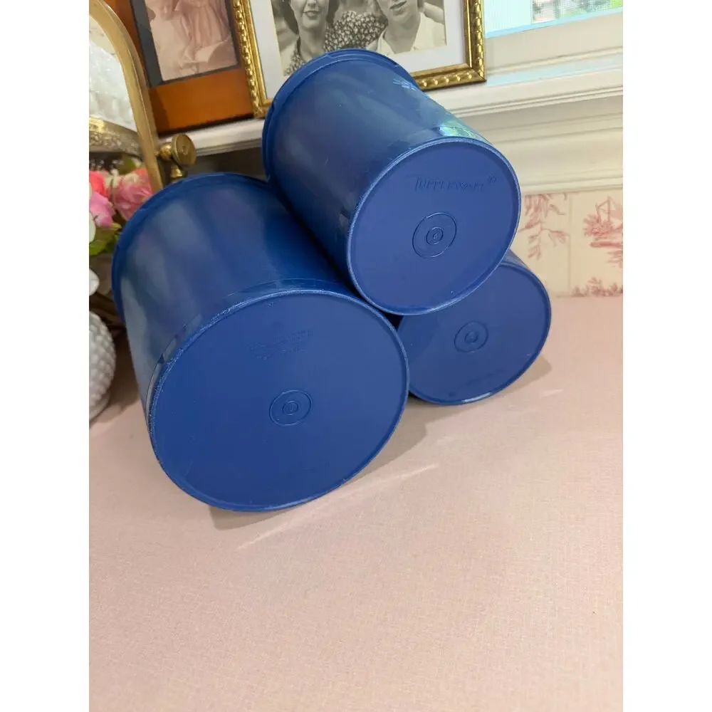 Vintage Tupperware Canister Set, Servalier, Set of 3 Dark Blue Sunburst Lids